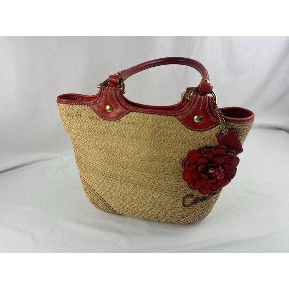 COACH Bleecker NATURAL STRAW VERMILLION RED LG LEATHER FLORAL Tote Bag 2008 EUC - Picture 1 of 12
